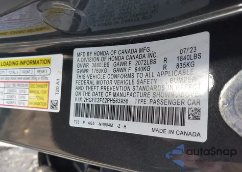 2023 Honda Civic Sport from USA, damaged, VIN 2HGFE2F52PH563956